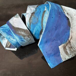 Kenzo Silk Tie Mens Necktie Blue Hand painted Abstract Art Neckwear Upcycle OOAK